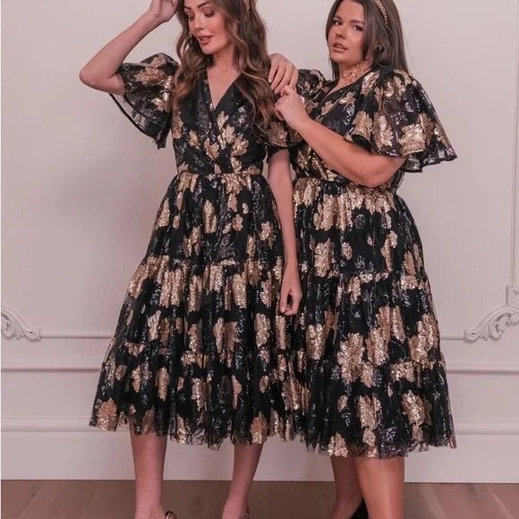 Jessakae - Bette Black & Gold Sequin Midi Dress - Picture 4 of 5